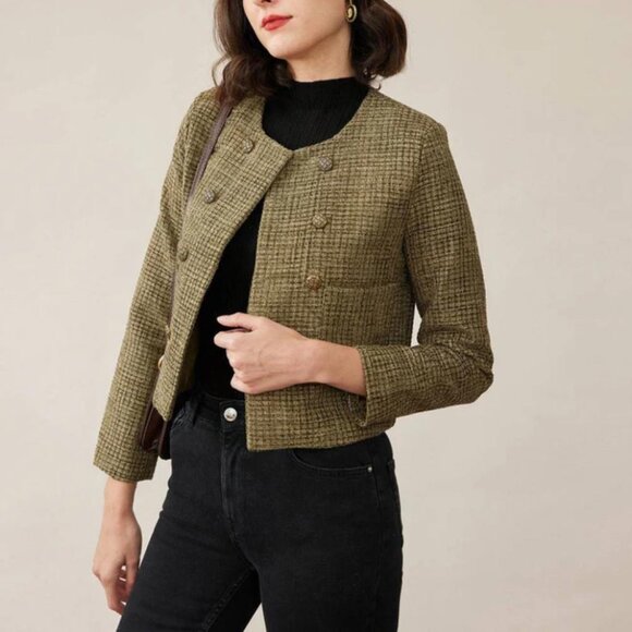 RIHOAS Jackets & Blazers - Rihoas The Vintage Solid Tweed Jacket double breasted green cropped coat NWT